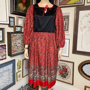 70s Vintage Red and Black Paisley Hippie Peasant Maxi Dress with Cord Trim 2X